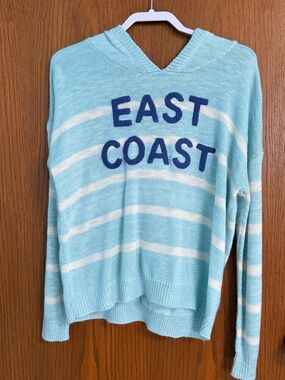 Light Blue Striped Crewneck Sweater with 'EAST COAST' Lettering